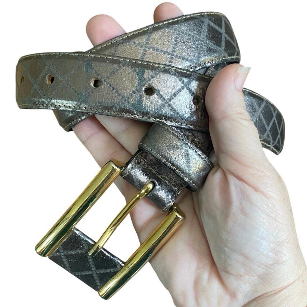 Avignon Gold Metallic Diamond Pattern Leather Belt Medium with Gold Buckle Med